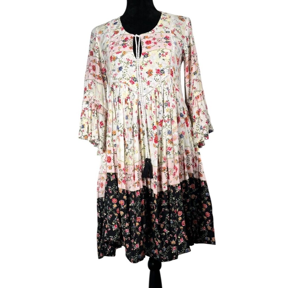 Floral Tiered Boho Dress Tassel Tie Cream Black Prairie Babydoll Milkmaid XS